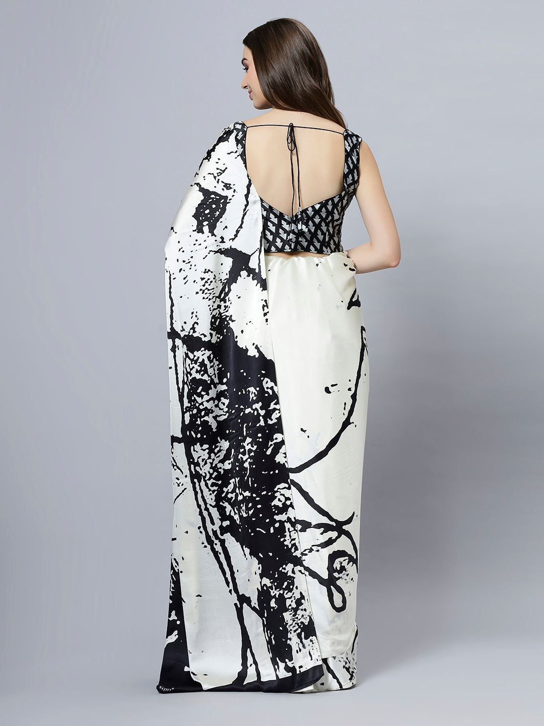 Camille Cream Satin Crepe Printed Ready to Wear One Minute Saree