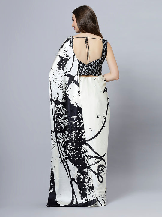 Camille Cream Satin Crepe Printed Ready to Wear One Minute Saree