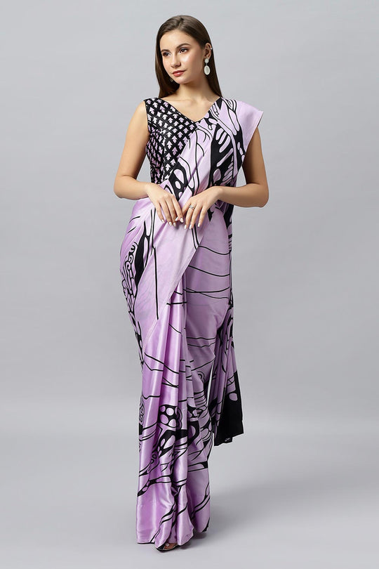 Lorna Lavender Printed Satin Crepe One Minute Saree