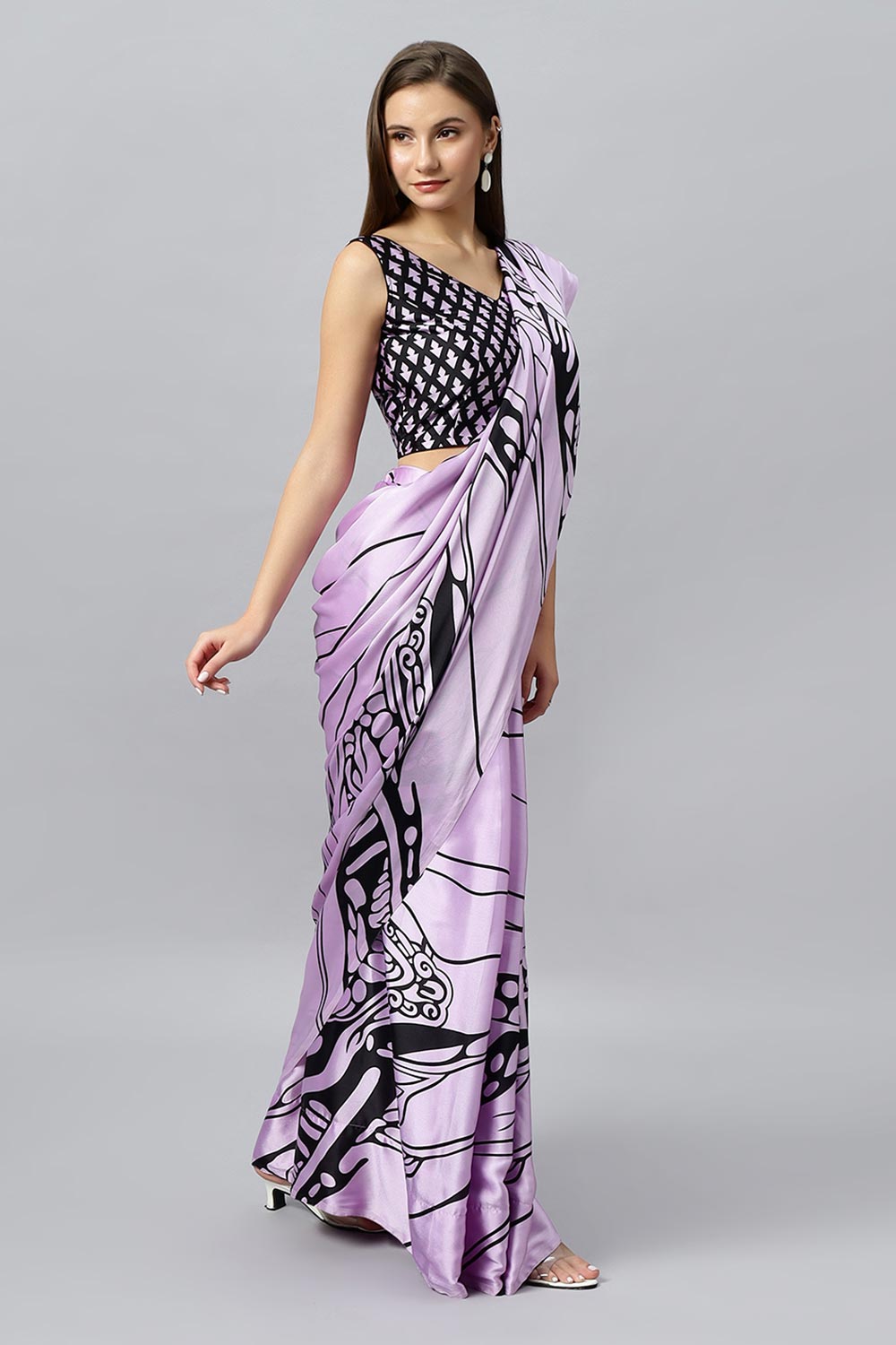 Lorna Lavender Printed Satin Crepe One Minute Saree