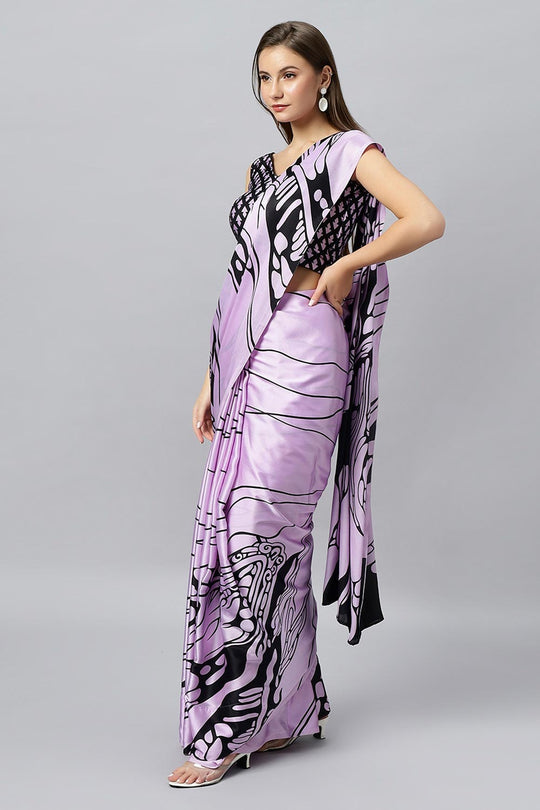 Lorna Lavender Printed Satin Crepe One Minute Saree