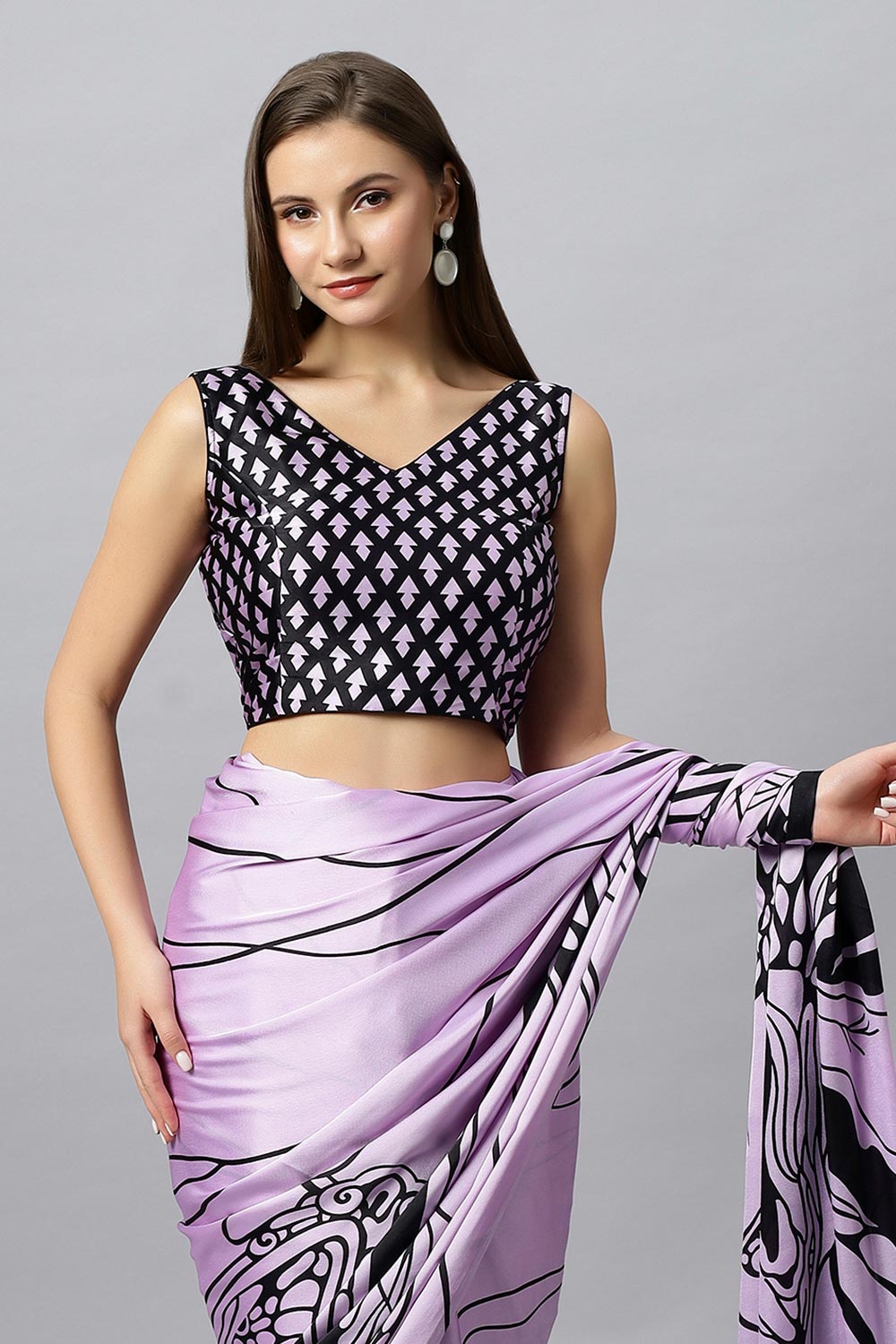 Lorna Lavender Printed Satin Crepe One Minute Saree