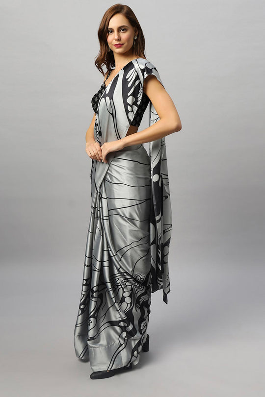 Gaia Silver Satin Crepe Printed Ready to Wear One Minute Saree