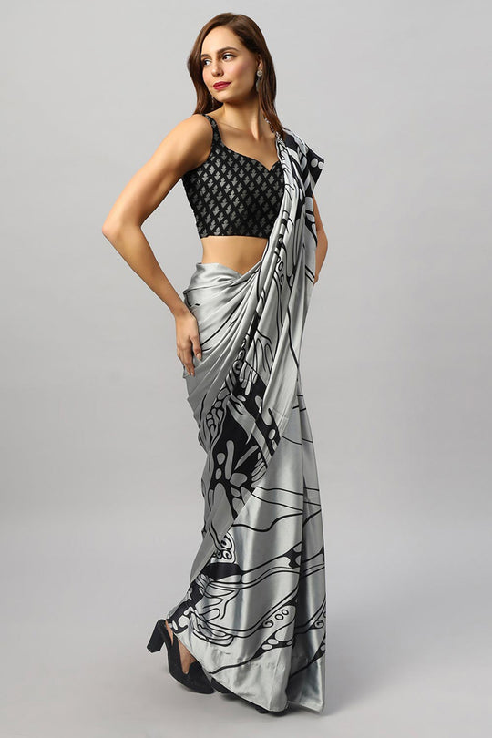 Gaia Silver Satin Crepe Printed Ready to Wear One Minute Saree
