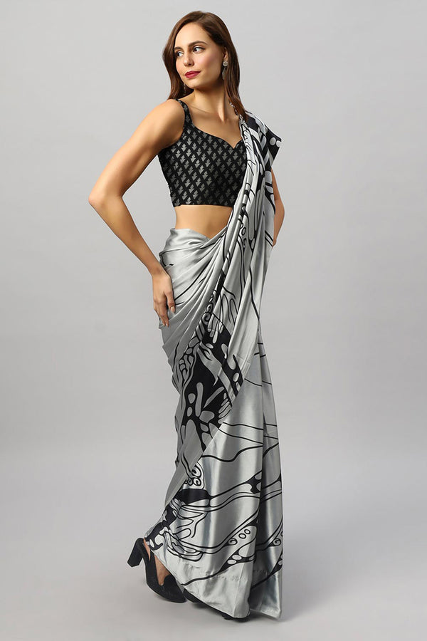 Gaia Silver Printed Satin Crepe One Minute Saree