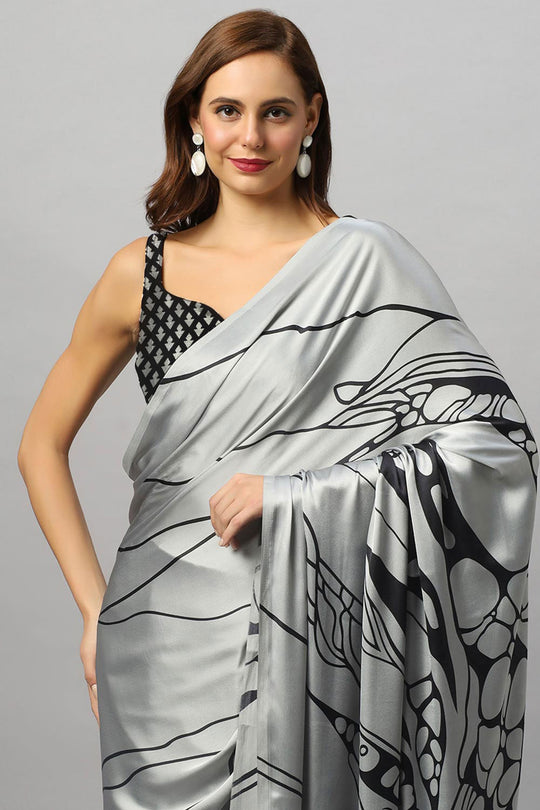 Gaia Silver Satin Crepe Printed Ready to Wear One Minute Saree