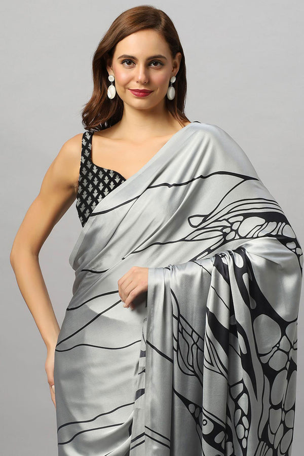Gaia Silver Printed Satin Crepe One Minute Saree
