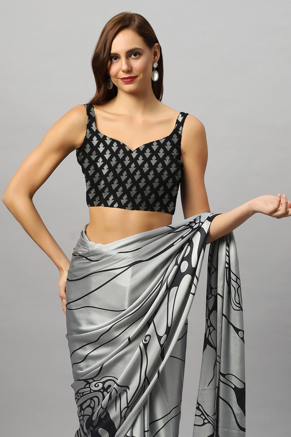 Gaia Silver Satin Crepe Printed Ready to Wear One Minute Saree