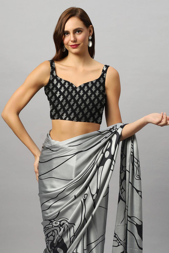Gaia Silver Satin Crepe Printed Ready to Wear One Minute Saree