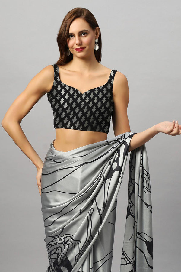 Gaia Silver Printed Satin Crepe One Minute Saree