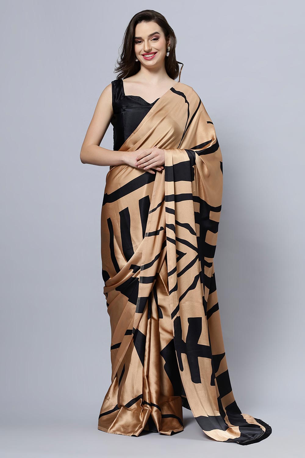 Candice Brown Satin Printed Ready to Ship One Minute Saree