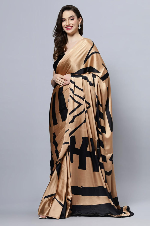 Candice Brown Satin Printed One Minute Saree