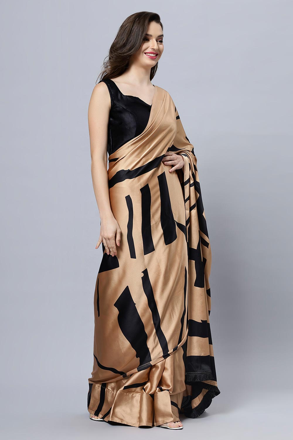 Candice Brown Satin Printed Ready to Ship One Minute Saree