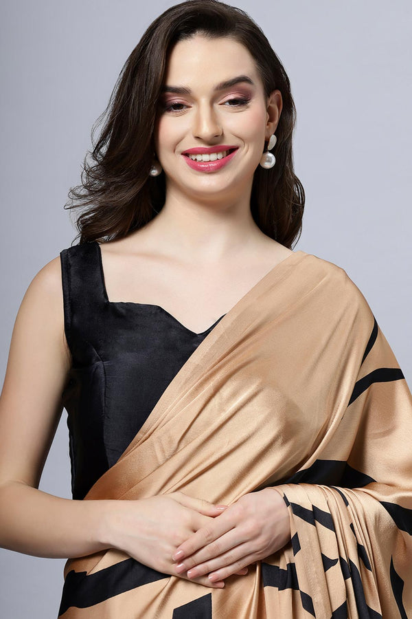Candice Brown Satin Printed One Minute Saree