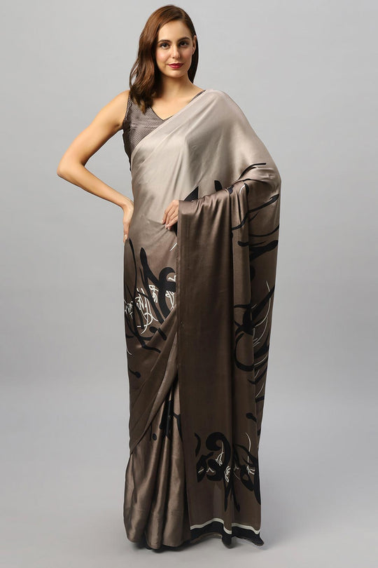 Hema Grey Satin Printed Ready to Wear One Minute Saree