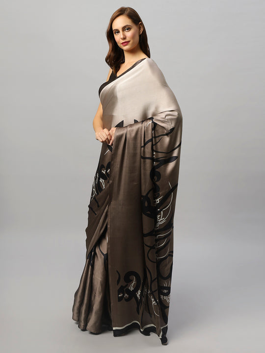 Hema Grey Satin Printed Ready to Wear One Minute Saree