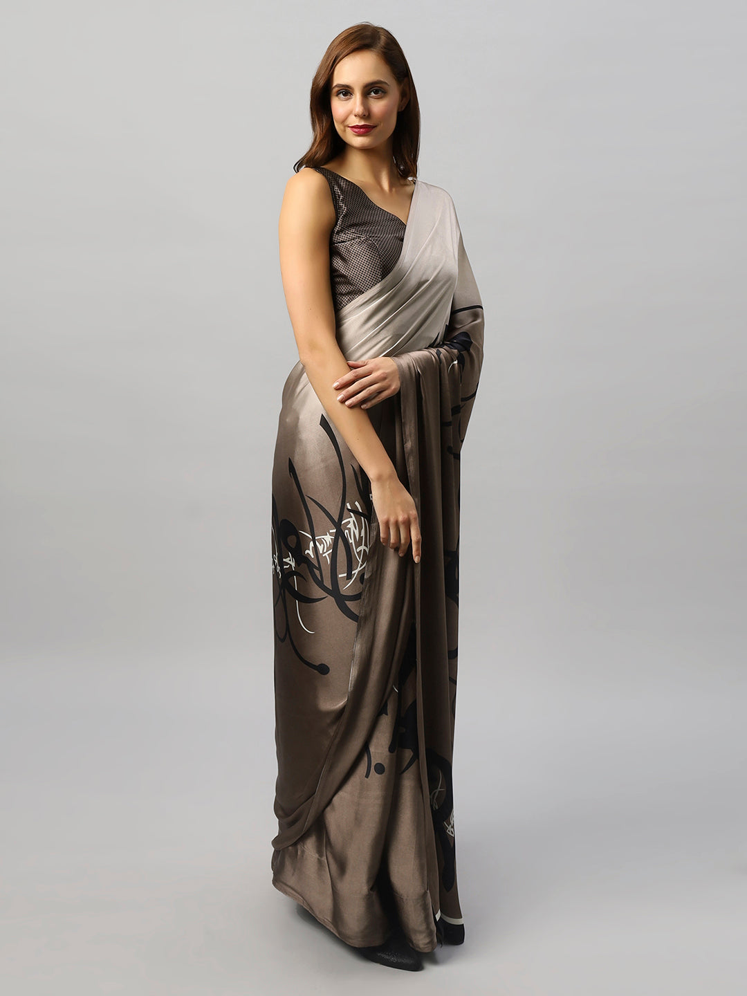 Hema Grey Satin Printed Ready to Wear One Minute Saree