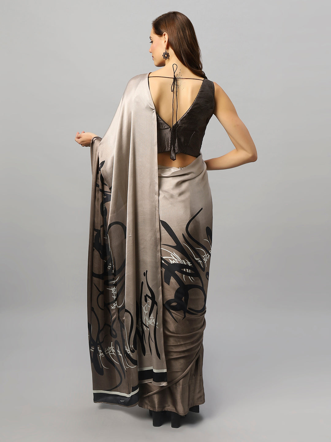 Hema Grey Satin Printed Ready to Wear One Minute Saree