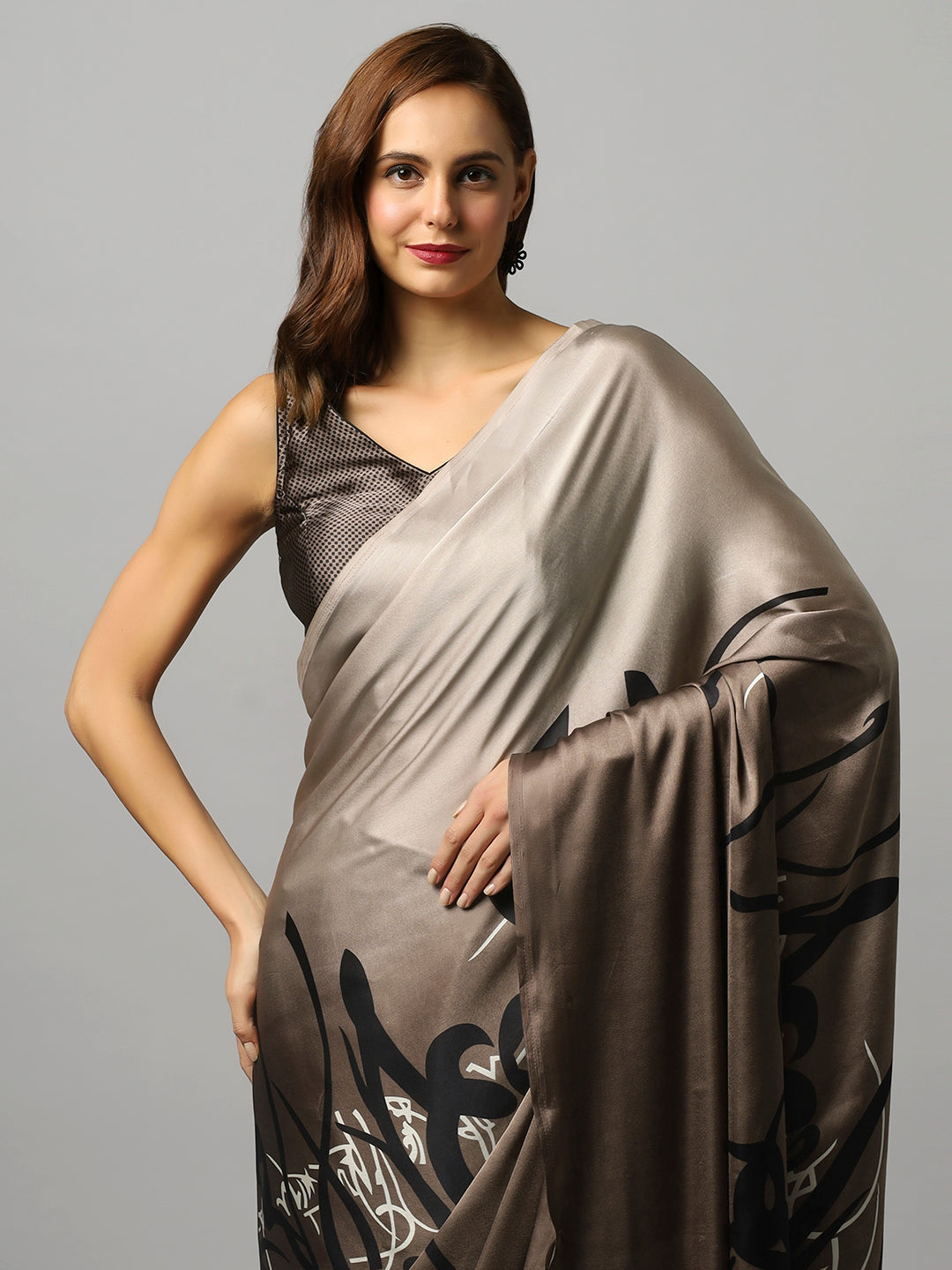 Hema Grey Satin Printed One Minute Saree