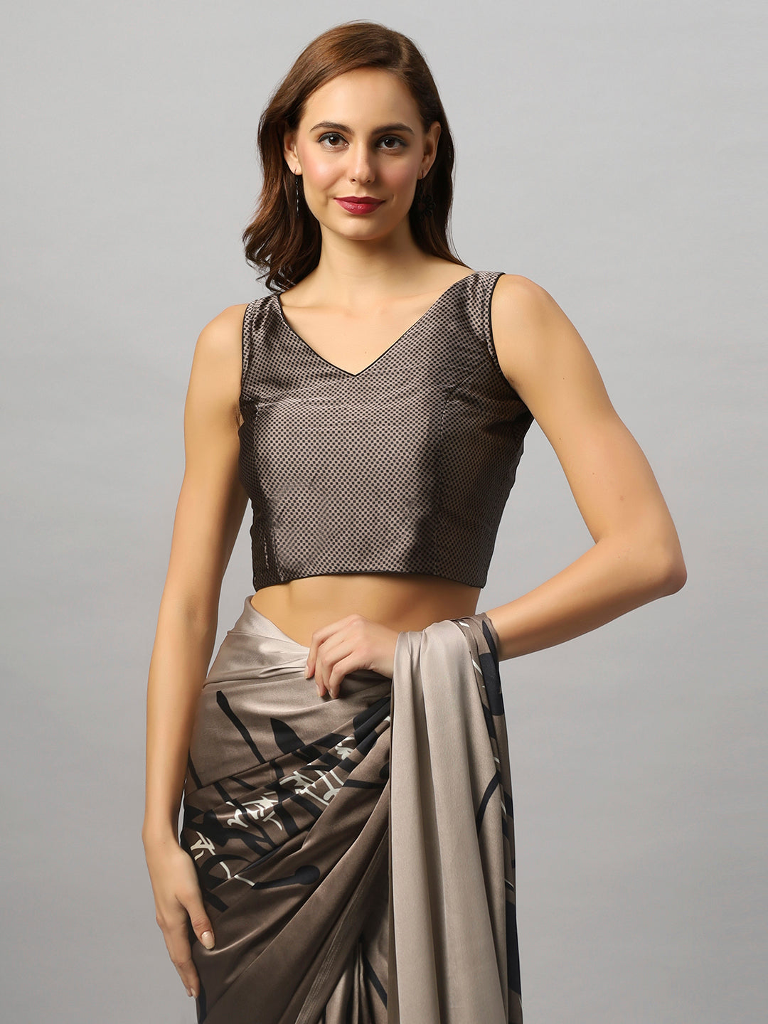 Hema Grey Satin Printed Ready to Wear One Minute Saree