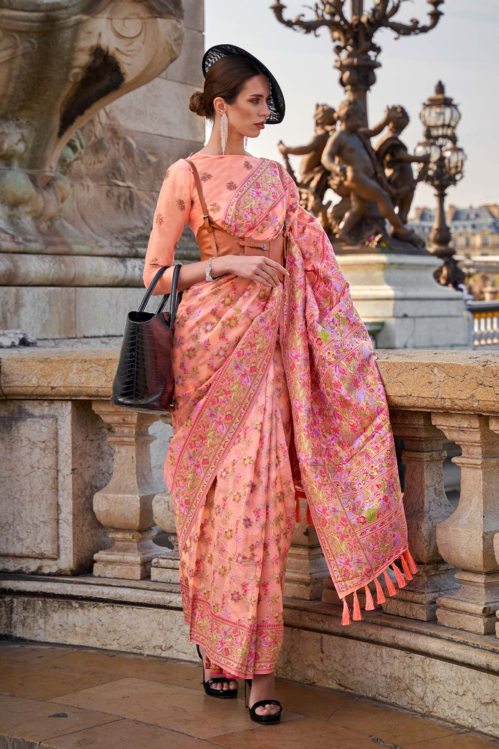 Shirin Peach Silk Organza Embroidered One Minute Saree