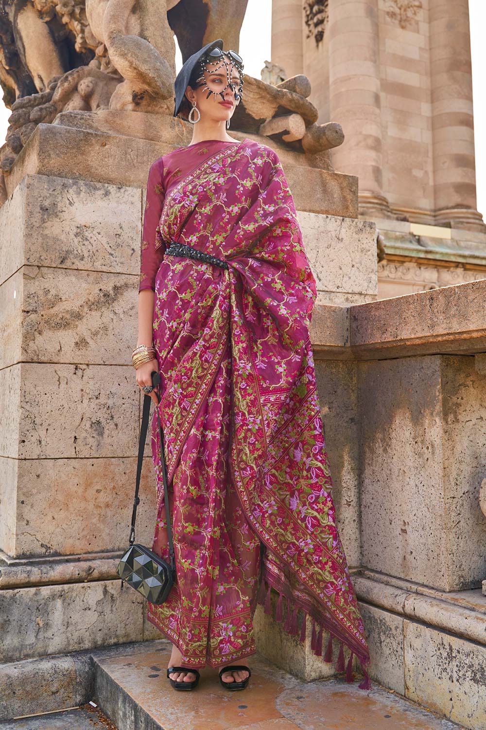 Shirin Burgundy Silk Organza Embroidered One Minute Saree