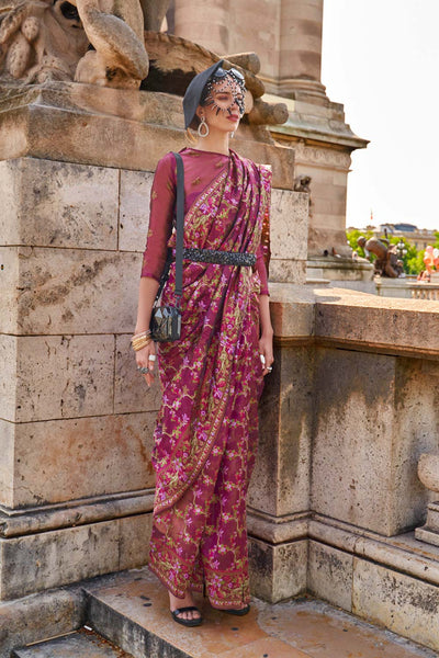 Shirin Burgundy Silk Organza Embroidered One Minute Saree