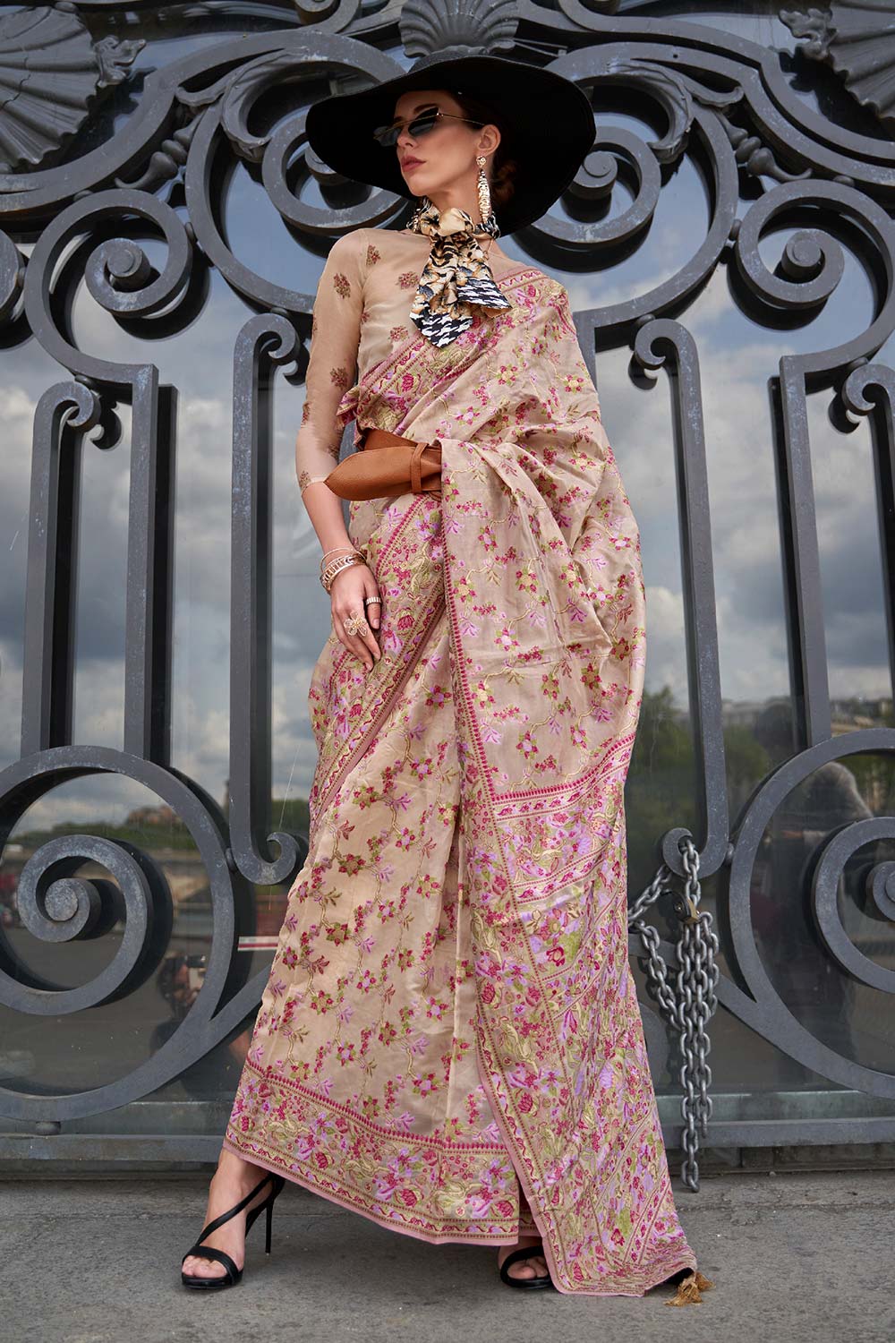 Shirin Beige Silk Organza Embroidered One Minute Saree