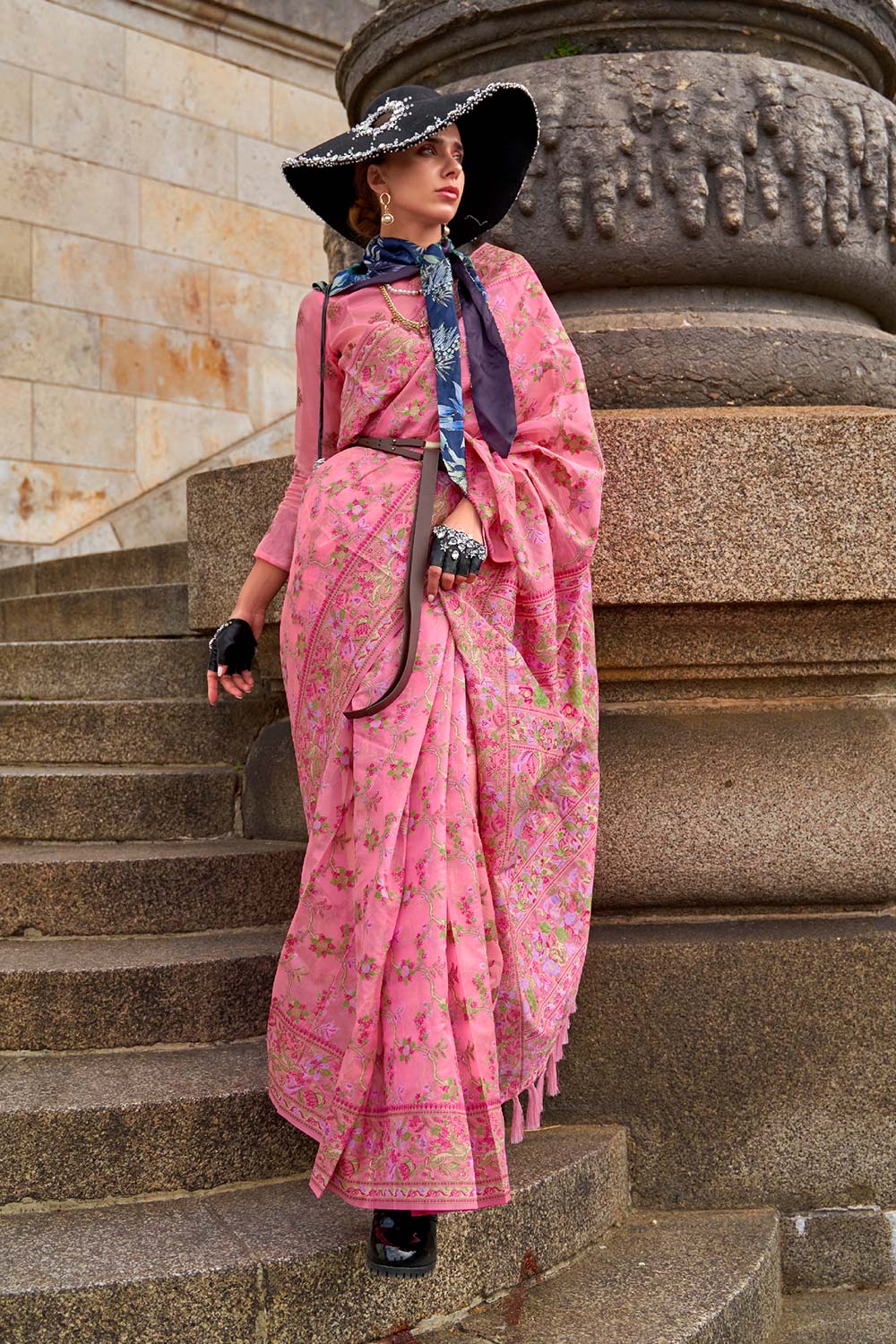 Shirin Pink Silk Organza Embroidered One Minute Saree