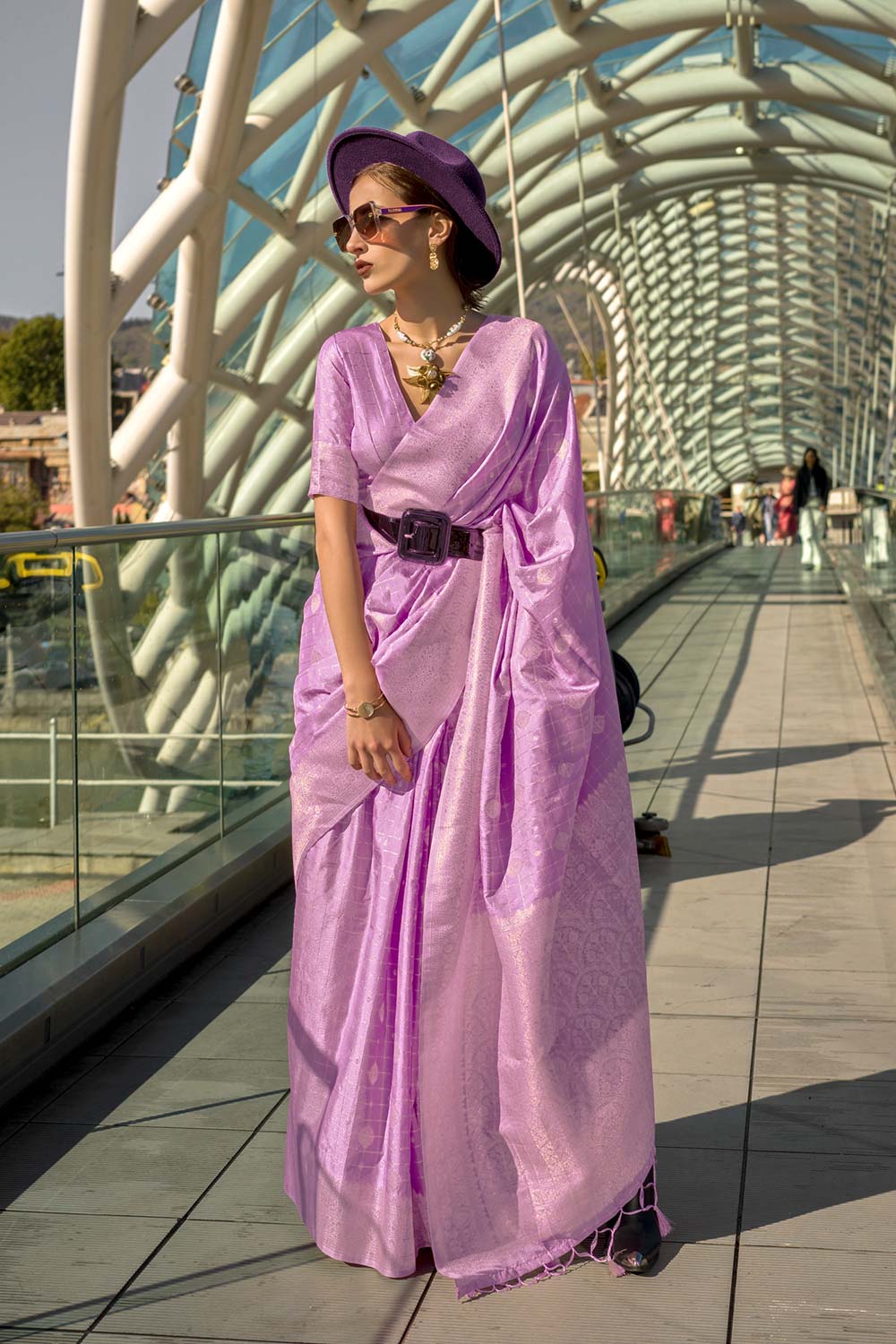 Cahaya Lavender Silk with Gold Work One Minute Saree