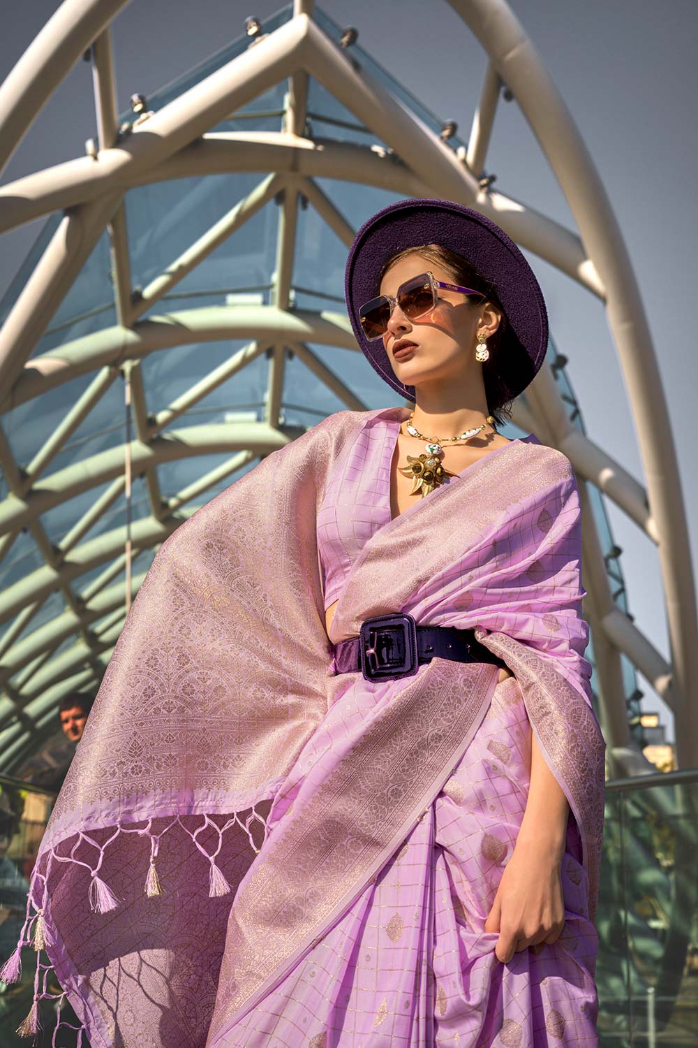 Cahaya Lavender Silk with Gold Work One Minute Saree