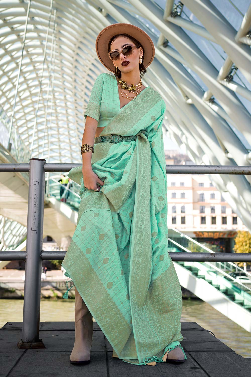 Cahaya Mint Green Silk with Gold Work One Minute Saree