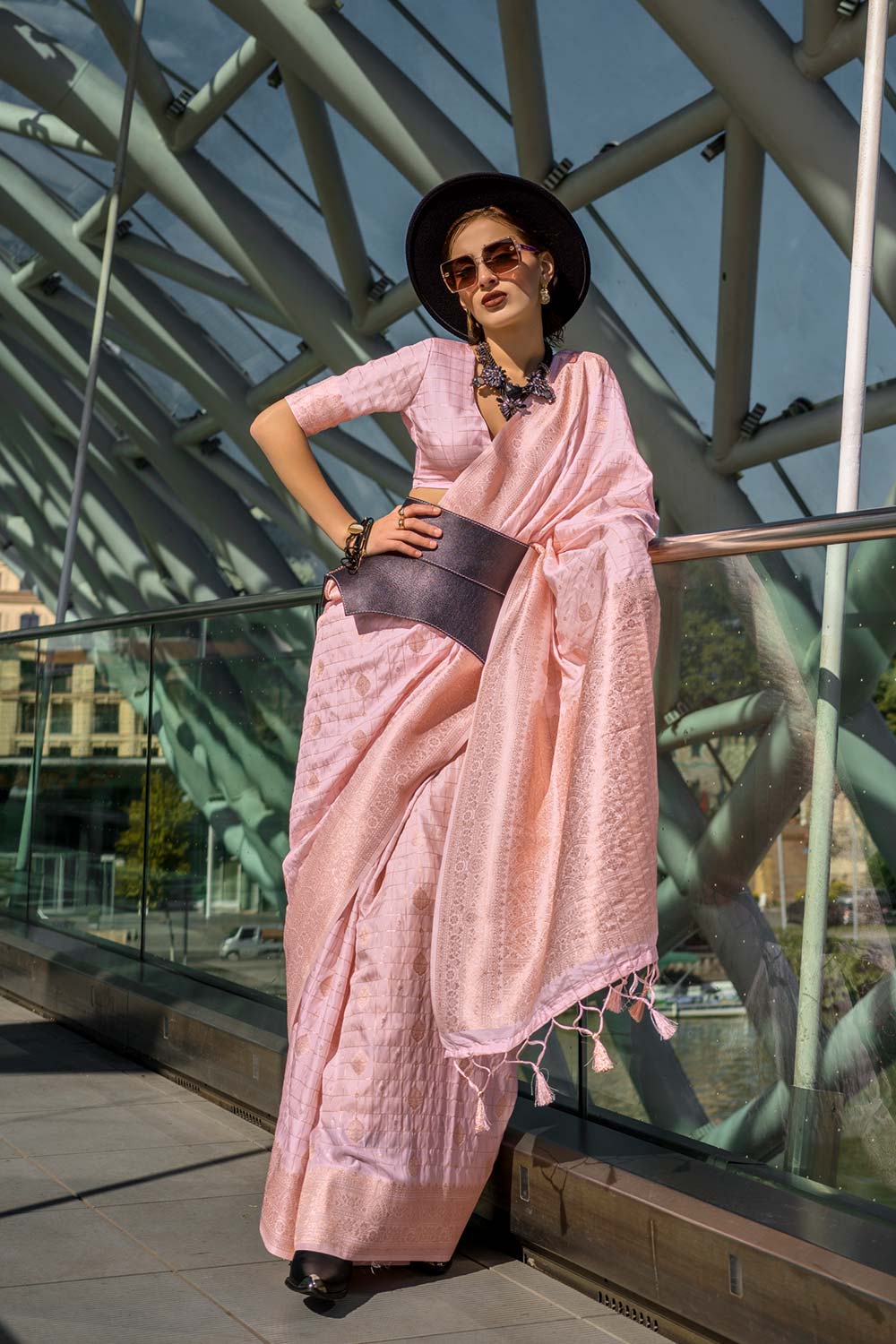 Cahaya Pink Silk with Gold Work One Minute Saree