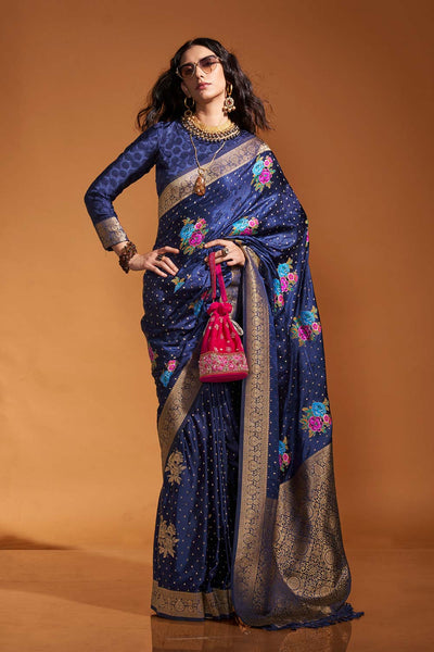 Buy Khalissi Silk Navy Blue Satin Designer One Minute Saree Online - Back