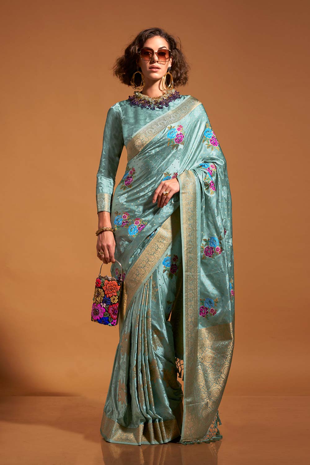 Buy Khalissi Silk Turquoise Satin Designer One Minute Saree Online - Front