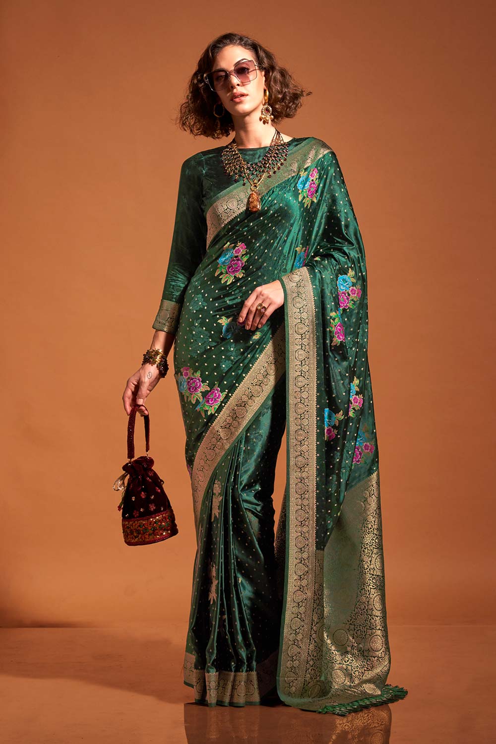 Buy Khalissi Silk Green Satin Designer One Minute Saree Online - Back