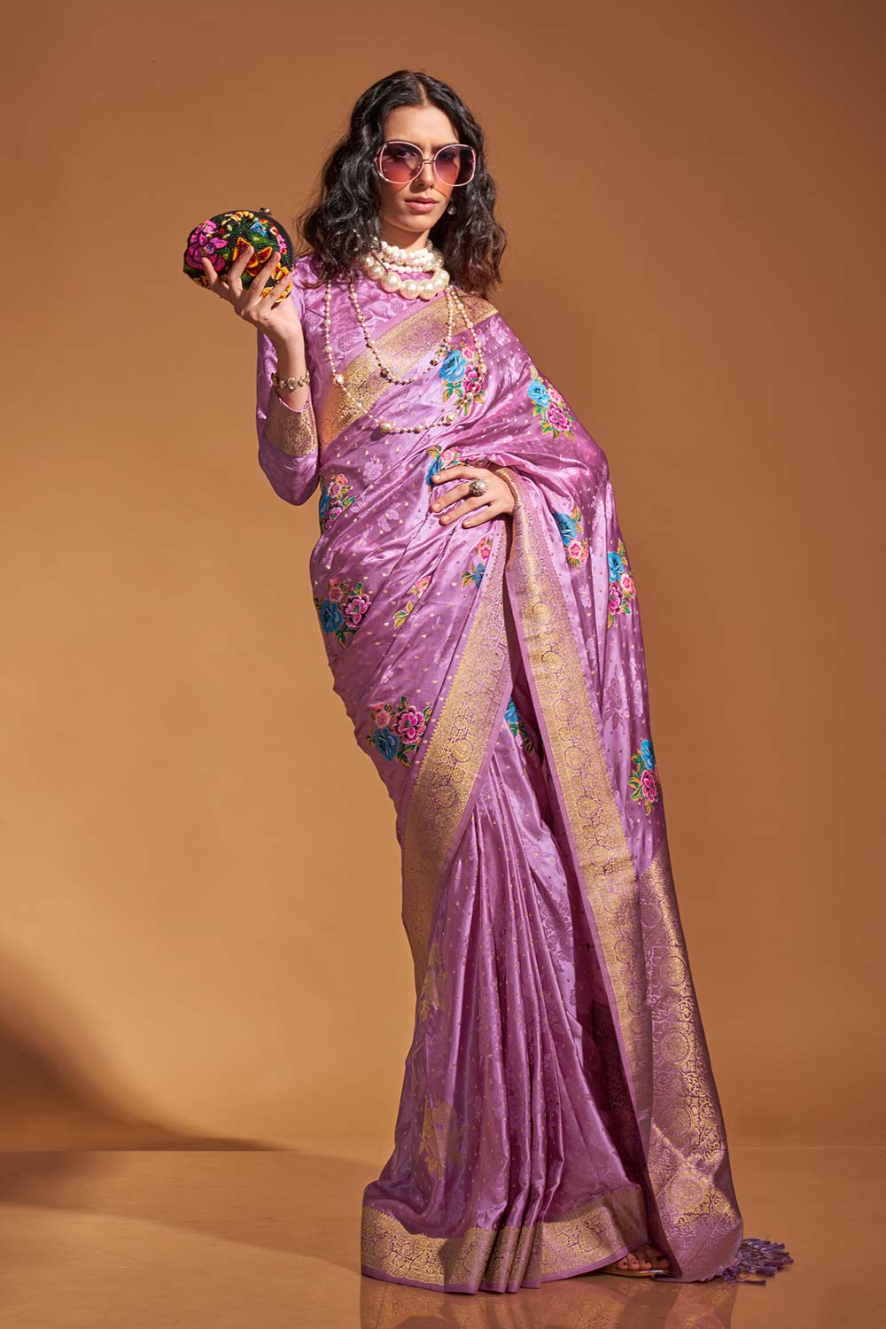 Buy Khalissi Silk Lavender Satin Designer One Minute Saree Online - Back