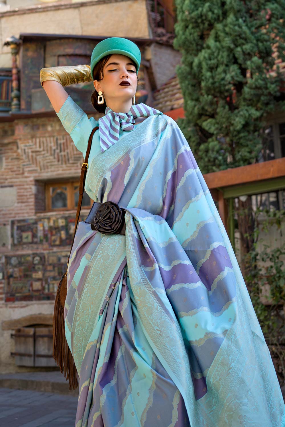 Buy Kimbus Turqouoise Silk Designer One Minute Saree Online