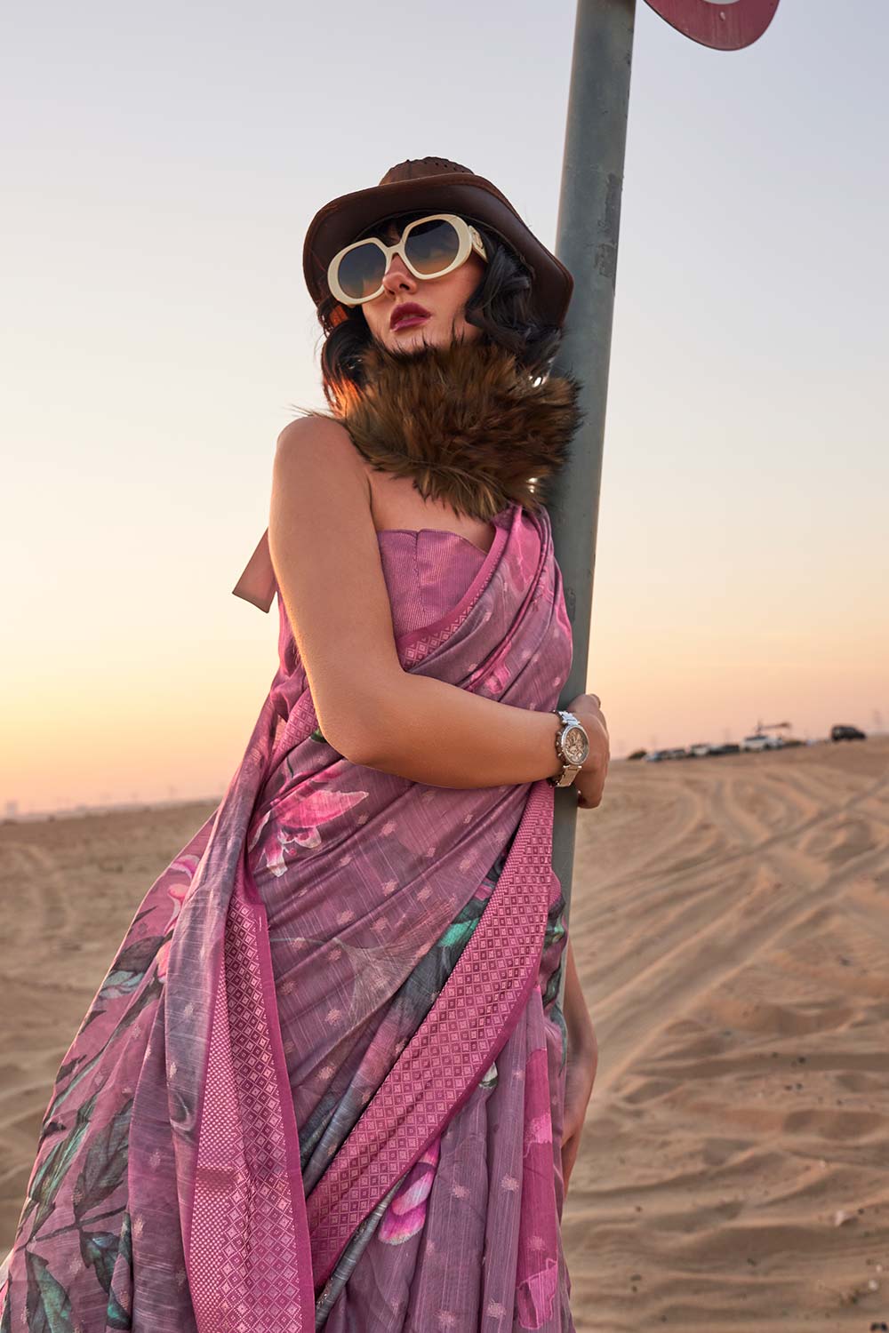 Buy Kaffyn Dark Pink Linen Designer One Minute Saree Online - Back