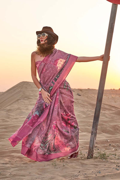 Buy Kaffyn Dark Pink Linen Designer One Minute Saree Online - Back