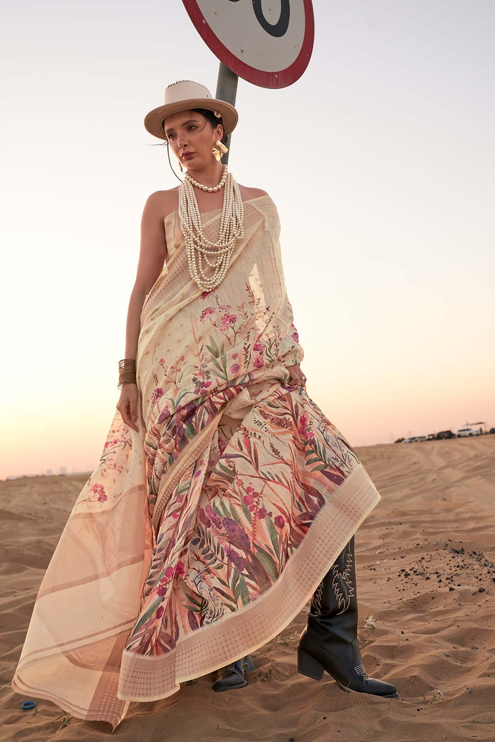 Buy Kaffyn Cream Linen Designer One Minute Saree Online