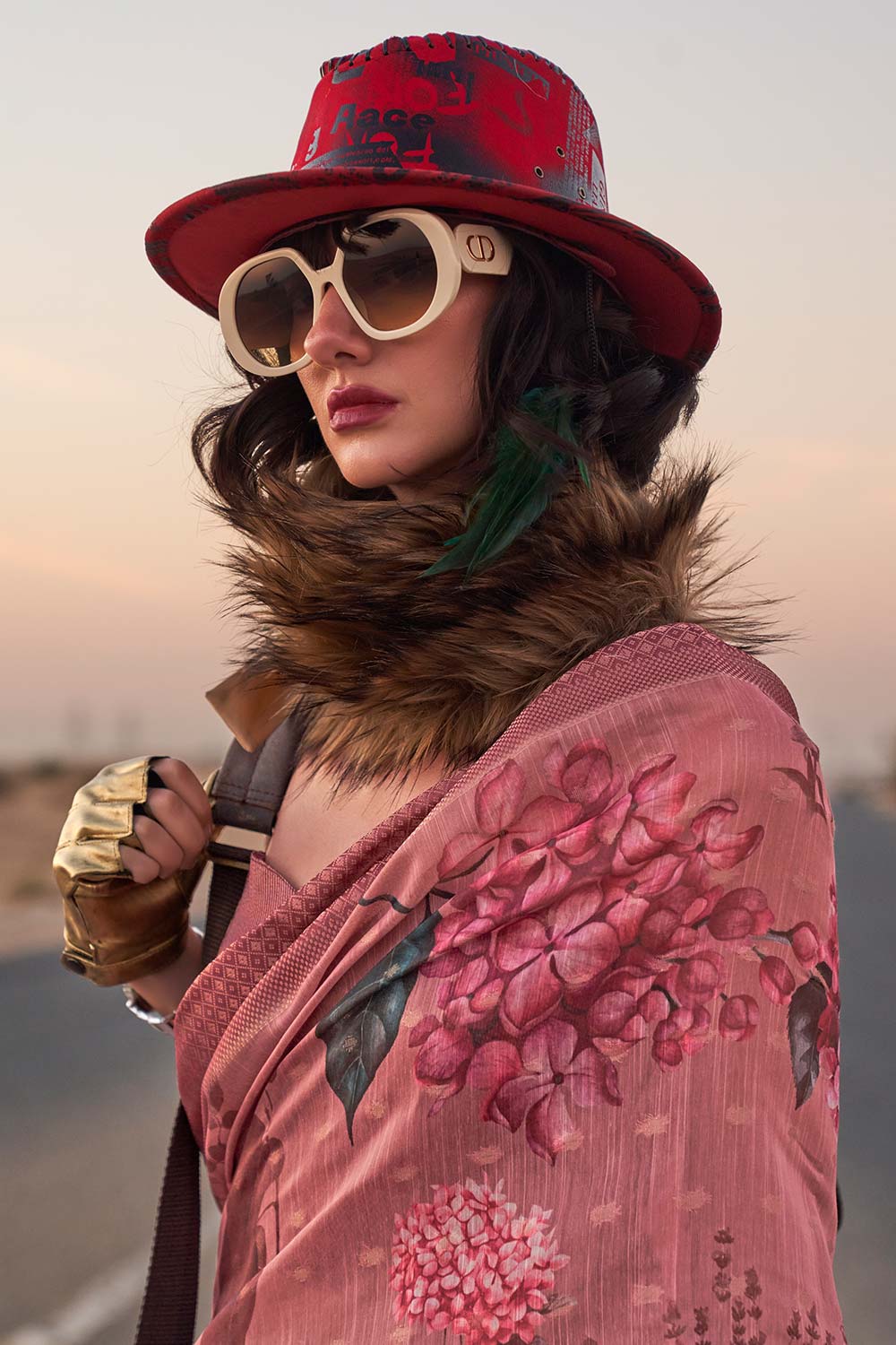 Daria Pink Linen Floral One Minute Saree