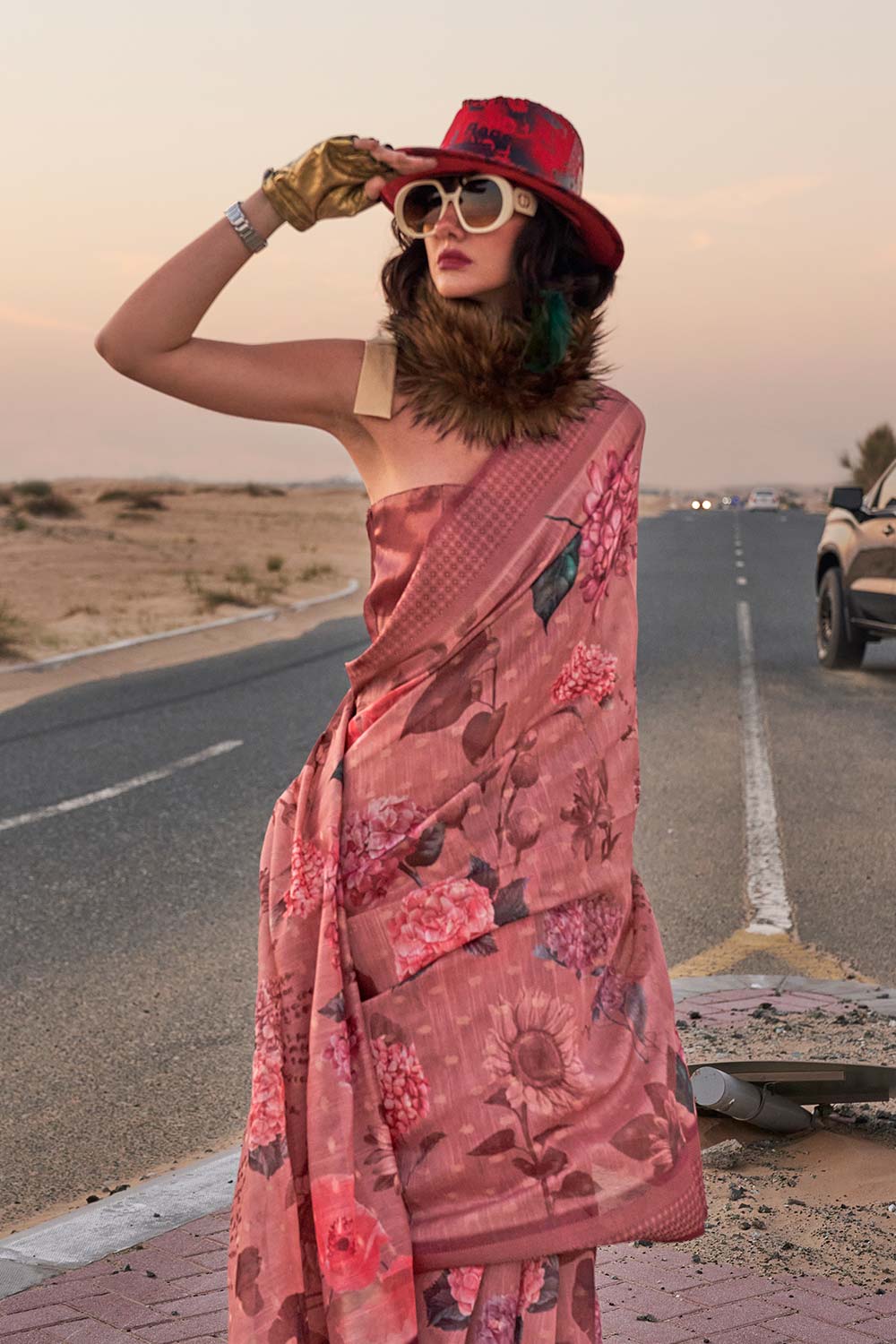 Daria Pink Linen Floral One Minute Saree