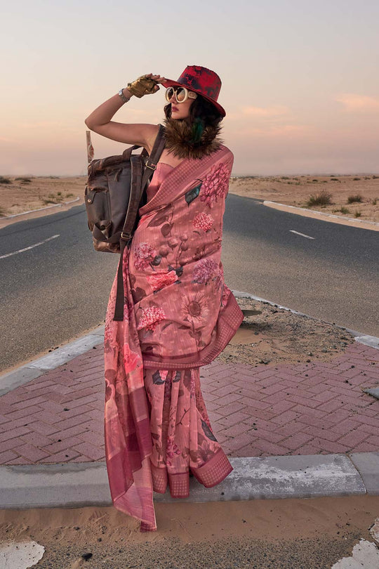 Daria Pink Linen Floral One Minute Saree