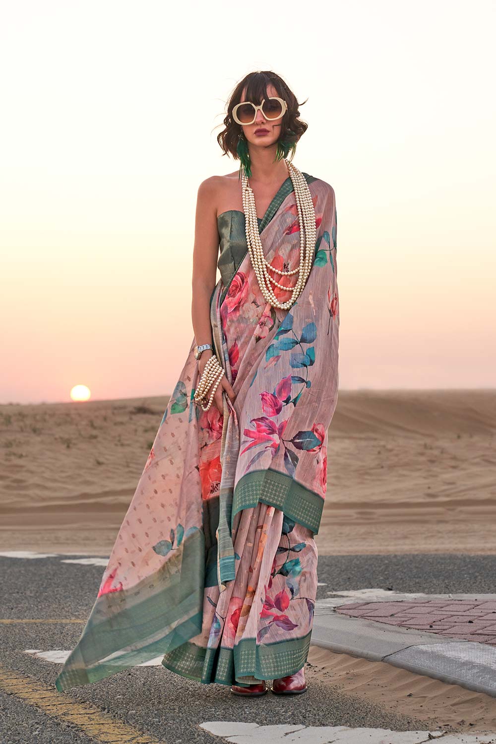 Buy Kaffyn Light Pink Linen Designer One Minute Saree Online