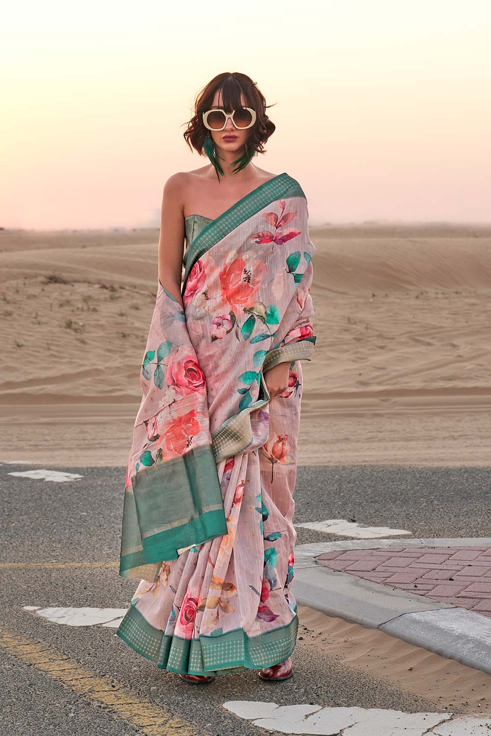 Buy Kaffyn Light Pink Linen Designer One Minute Saree Online