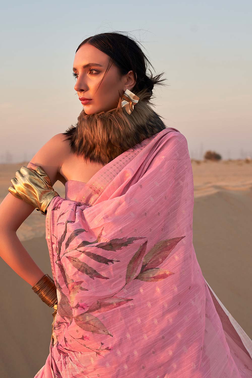 Buy Kaffyn Baby Pink Linen Designer One Minute Saree Online - Back