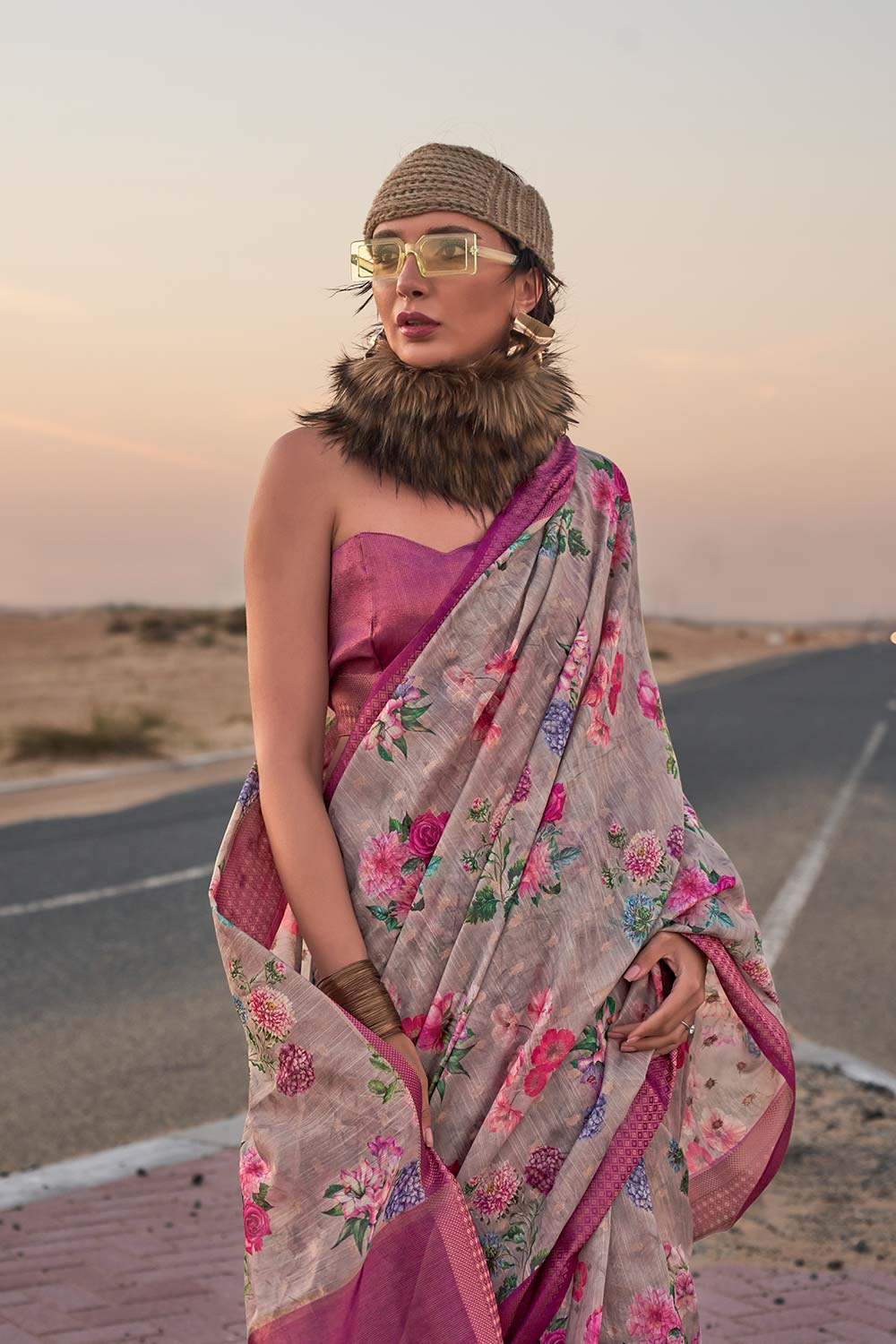 Kaffyn Tan Linen Designer One Minute Saree