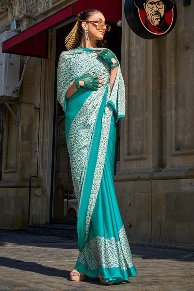 Buy Green Satin Crepe Printed One Minute Saree Online - Back