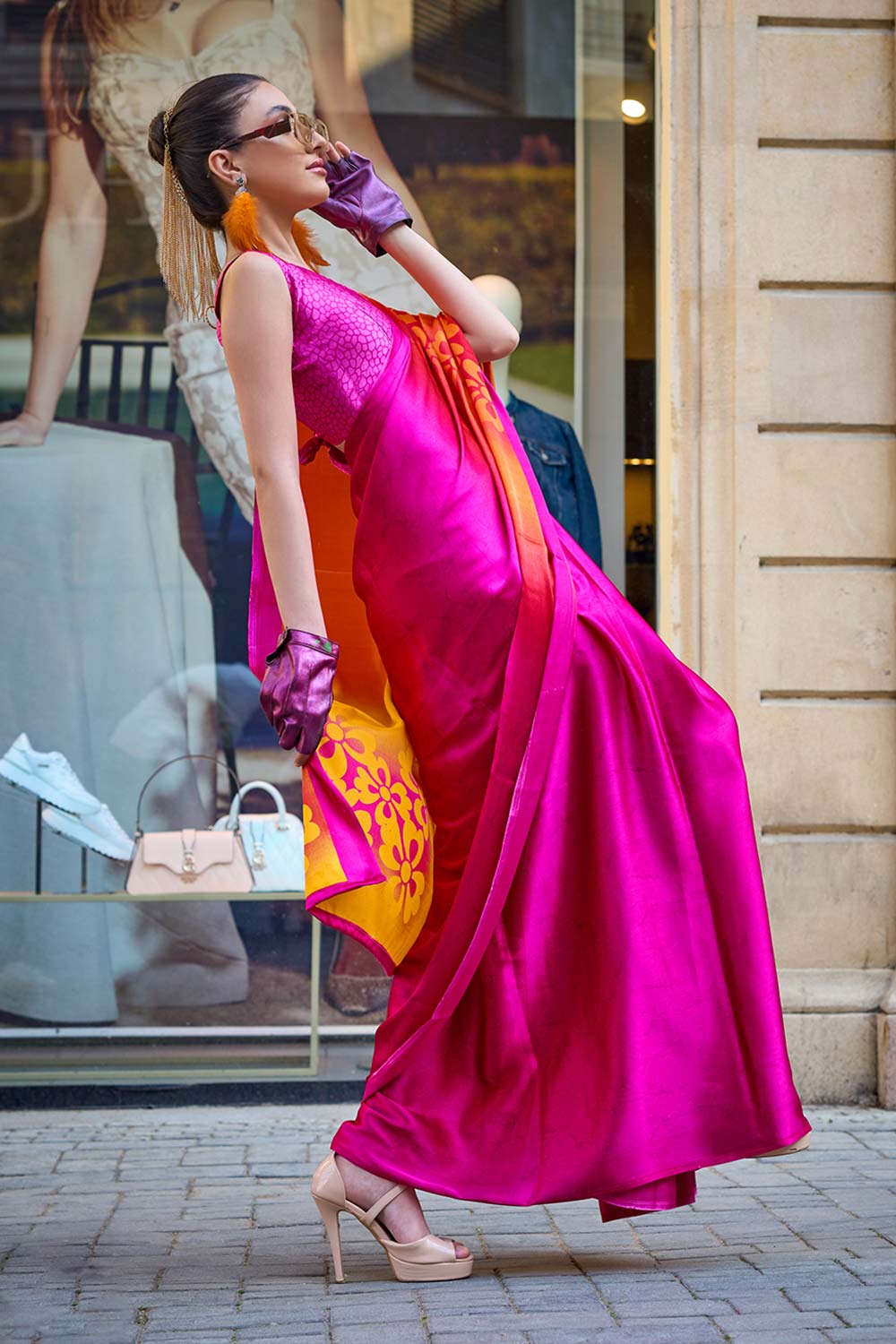 Buy Pink Satin Crepe Printed One Minute Saree Online
